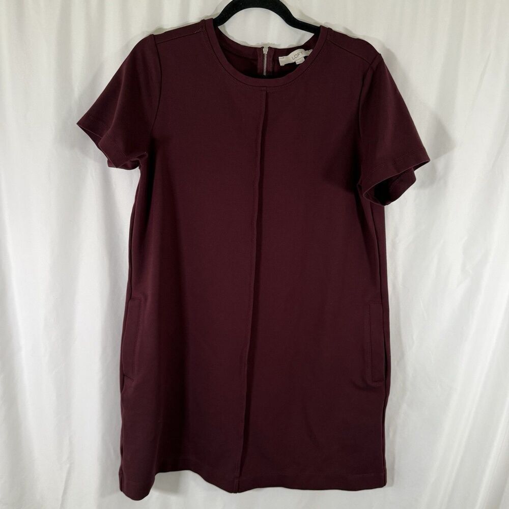LOFT Knee Length Dress Women's Large Burgundy Short Sleve Round Neck Zip Back